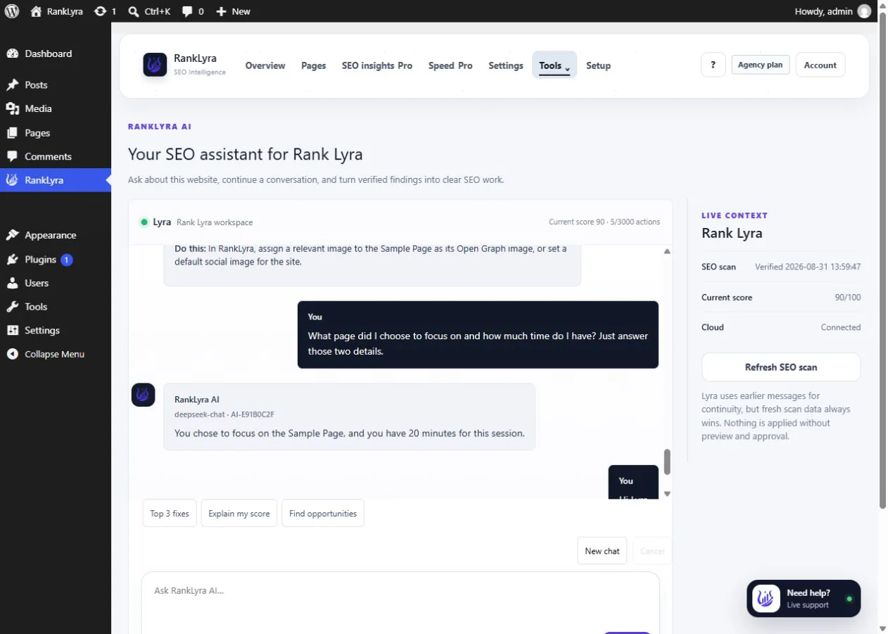 RankLyra AI assistant with verified site context and a suggested next action