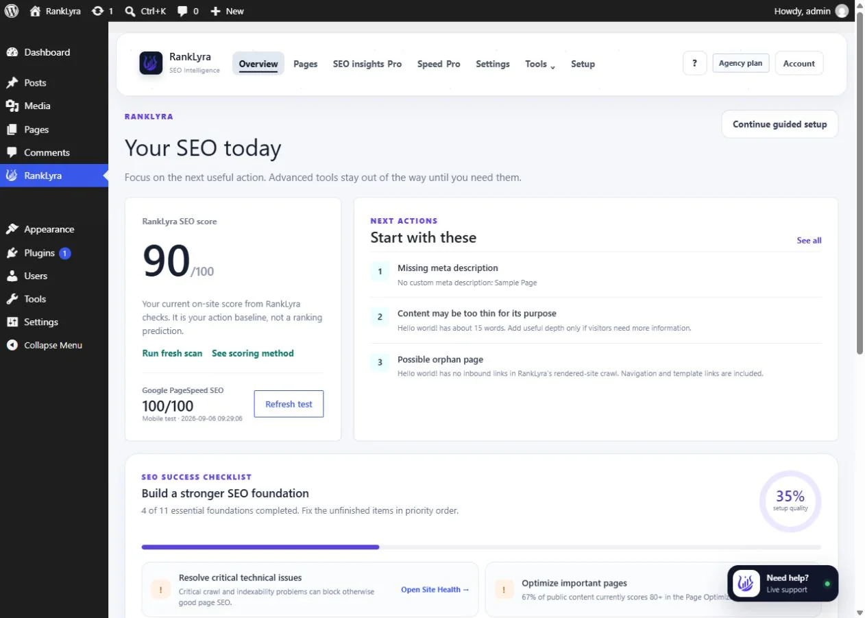 RankLyra overview showing a clear next action for a WordPress site