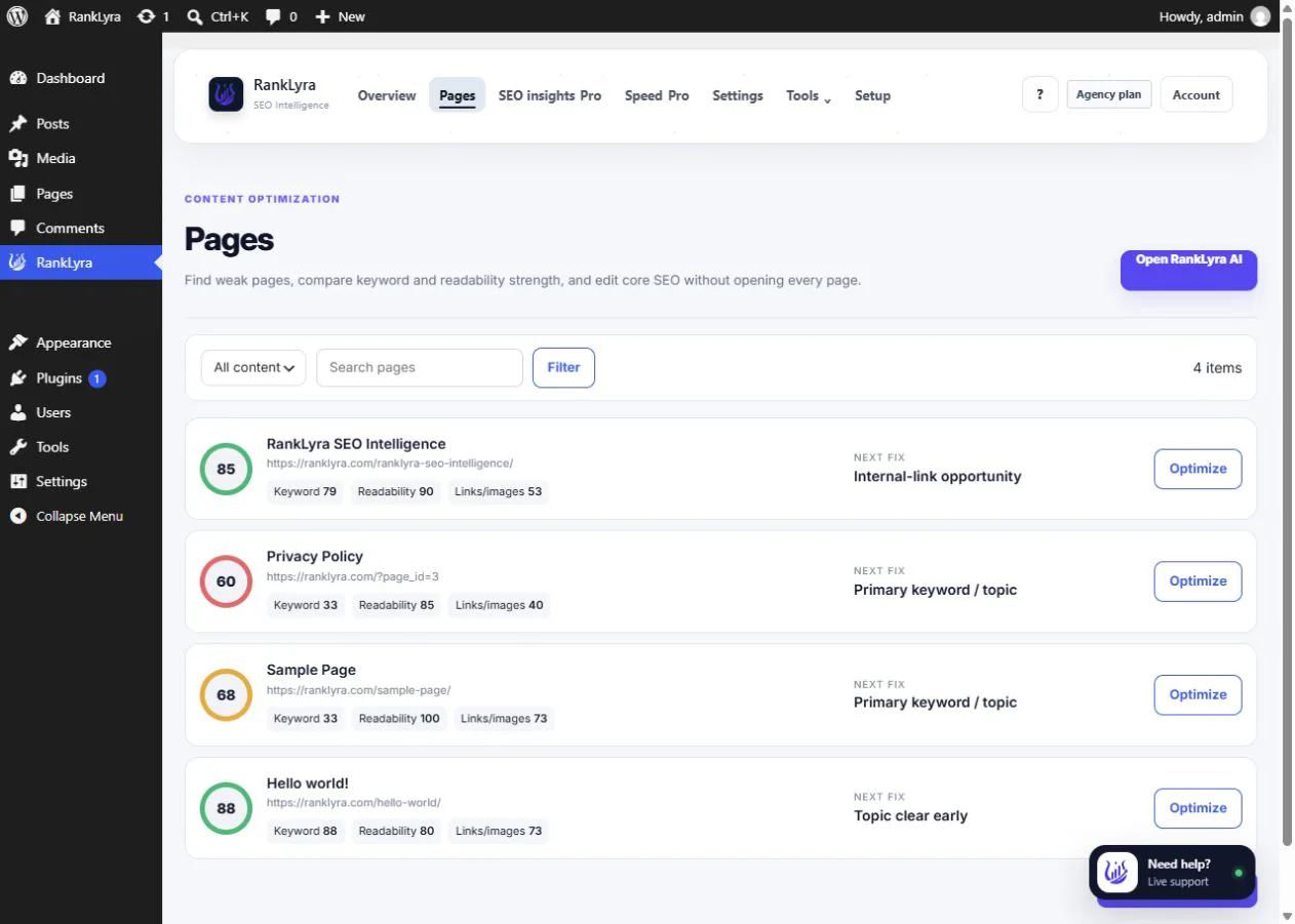 RankLyra Pages screen showing page scores and optimisation actions